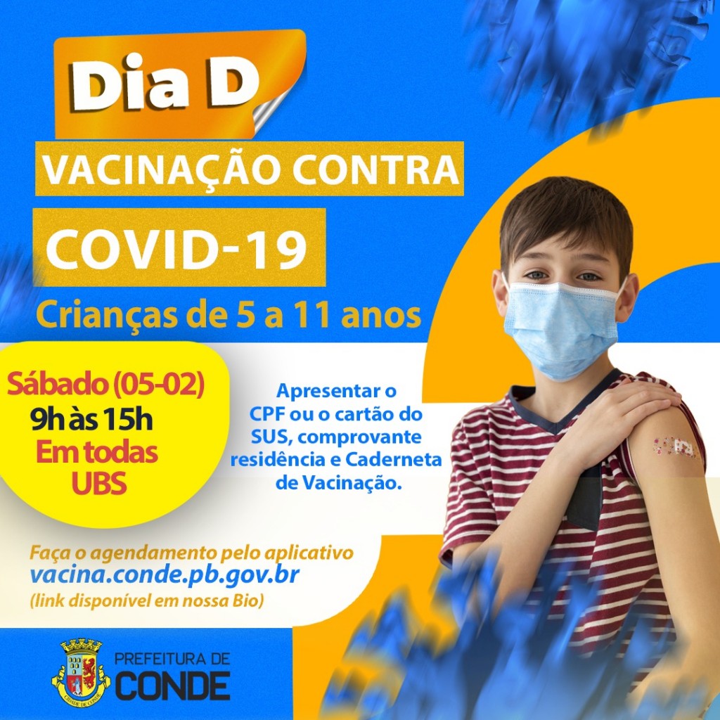 Conde realiza dia D de vacinação contra Covid-19 para crianças de 5 a 11 anos neste sábado (05)