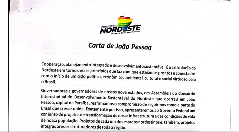 Carta de João Pessoa elaborada pelos governadores do Nordeste elenca eixos prioritários para levar ao presidente Lula