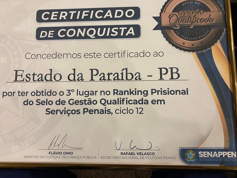 Paraíba conquista nacionalmente Selo de Gestão Qualificada em Serviços Penais